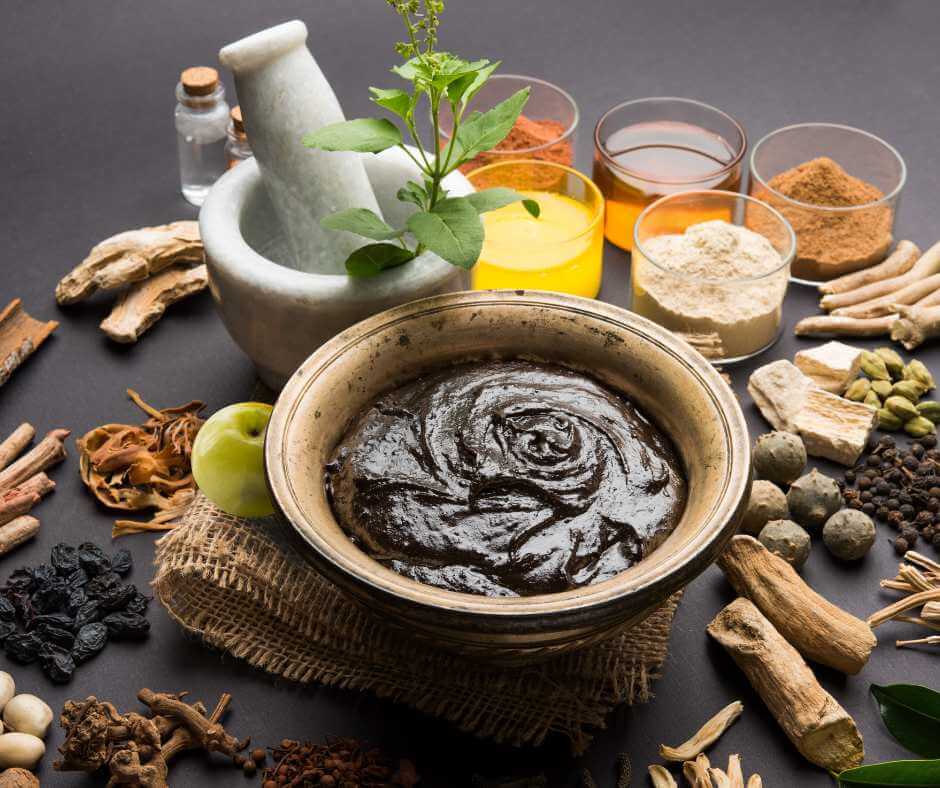 Shilajit resin in a bowl surrounded by Ayurvedic herbs, powders, and a mortar and pestle