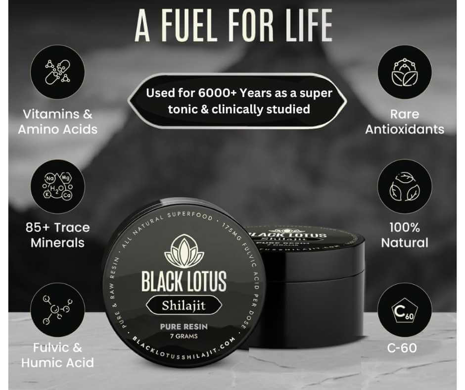 Black Lotus Shilajit resin product with benefits including trace minerals, fulvic acid, antioxidants, amino acids, and C-60, labeled as a natural superfood and ancient tonic