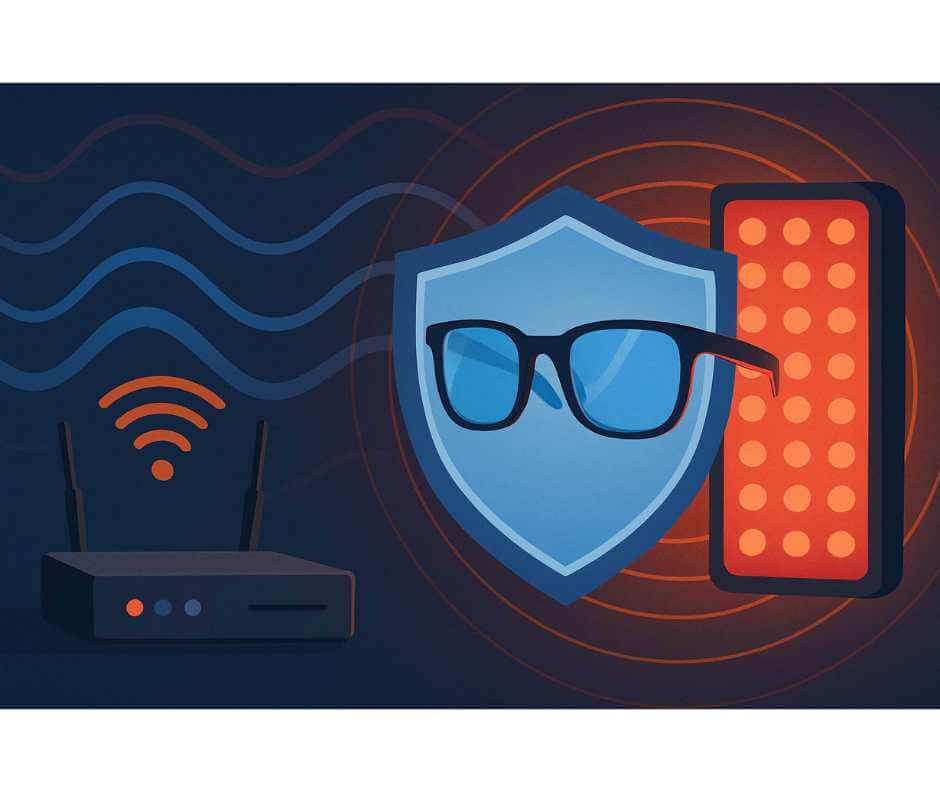 Illustration of harmful EMF waves from a Wi-Fi router with a protective overlay showing blue light blocking glasses, a shield symbol, and a red light therapy panel.