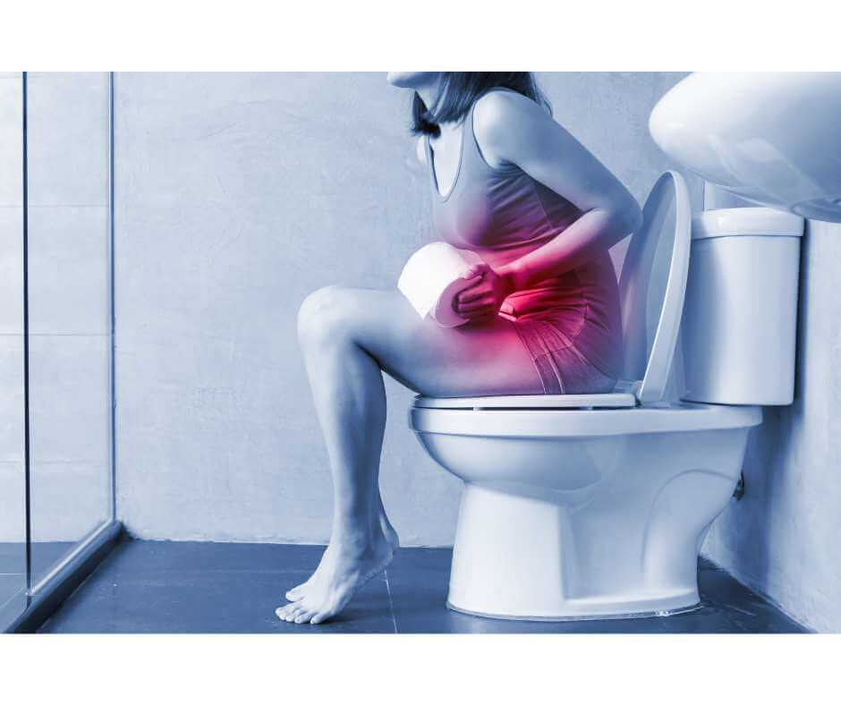 Woman sitting on a toilet with constipation, holding her belly in pain and toilet paper, bowels highlighted in red to show digestive discomfort.