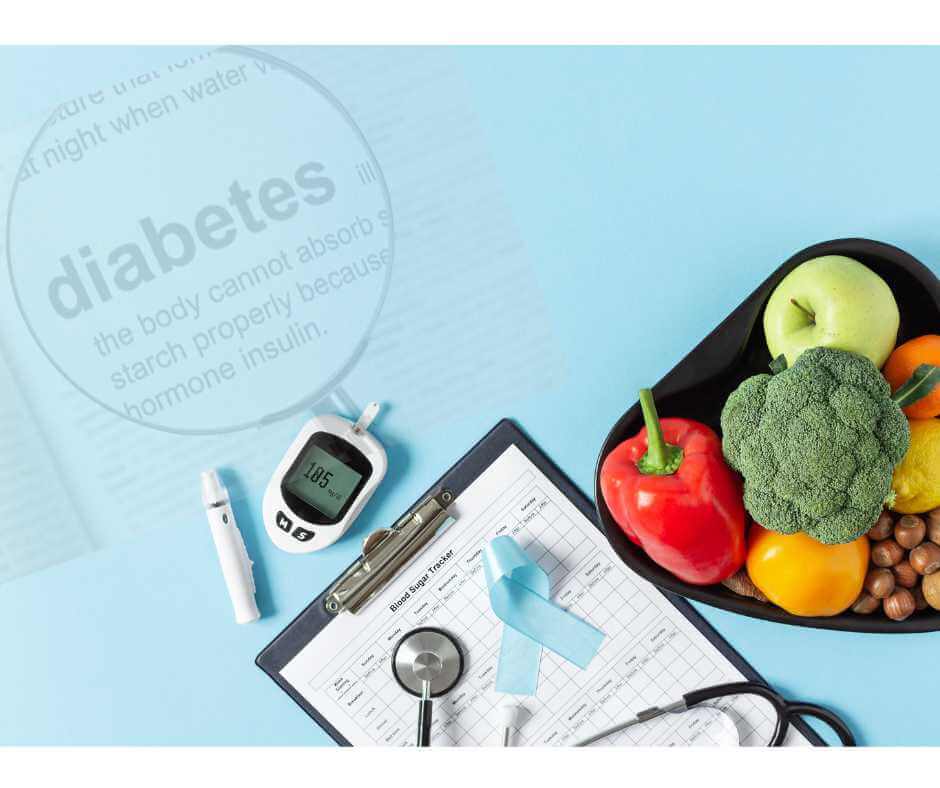 Flat lay of diabetes management essentials, including a blood sugar tracker, stethoscope, glucose meter showing a reading of 185 mg/dL, blue diabetes awareness ribbon, and a heart-shaped tray filled with fresh fruits, vegetables, and nuts on a light blue background.