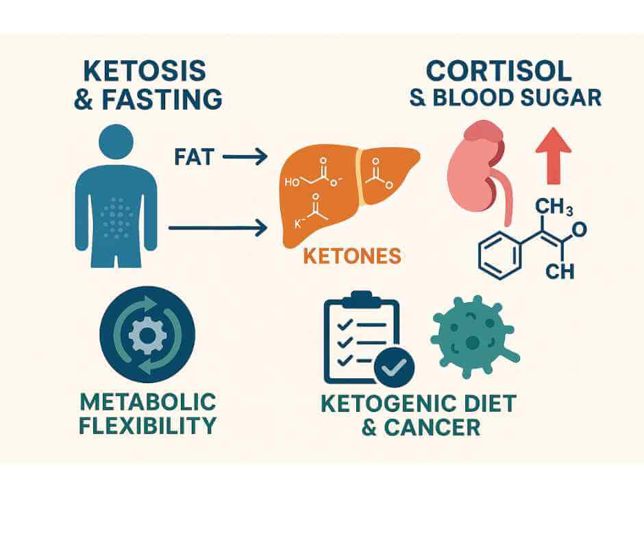 Functional medicine illustration showing ketosis metabolism, cortisol regulation, and ketogenic diet support for cancer health.