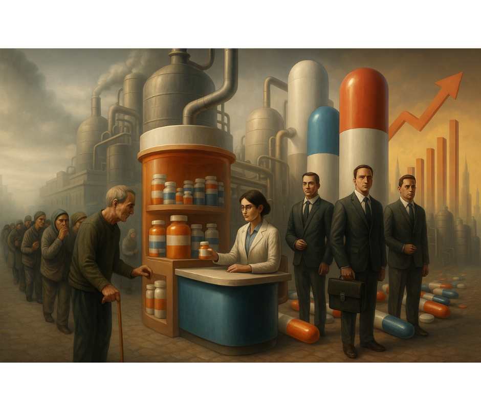 Conceptual digital illustration showing a long line of patients receiving medications from a pharmacist while corporate figures in suits stand beside giant pills and industrial factories in the background. The image symbolizes overmedication, pharmaceutical profit, and the loss of true healing in modern medicine.