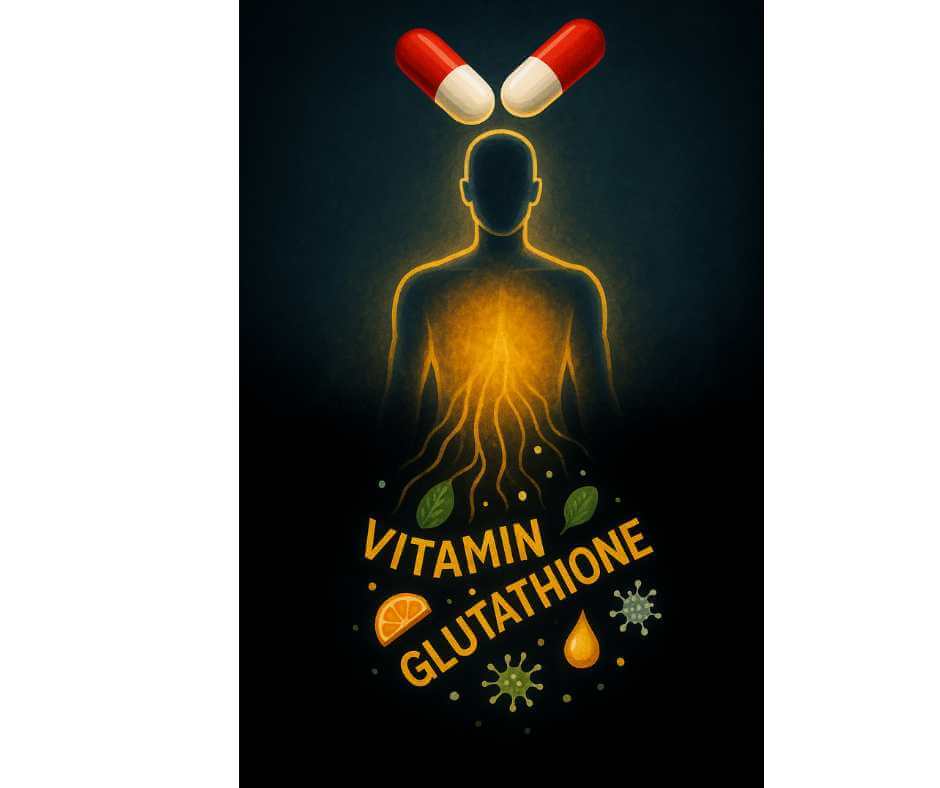 A large orange and white medication capsule spilling vitamins, leafy greens, and fruits such as an orange slice, apple, and spinach leaves into a drain, symbolizing how medications can deplete nutrients and impact gut and overall health.