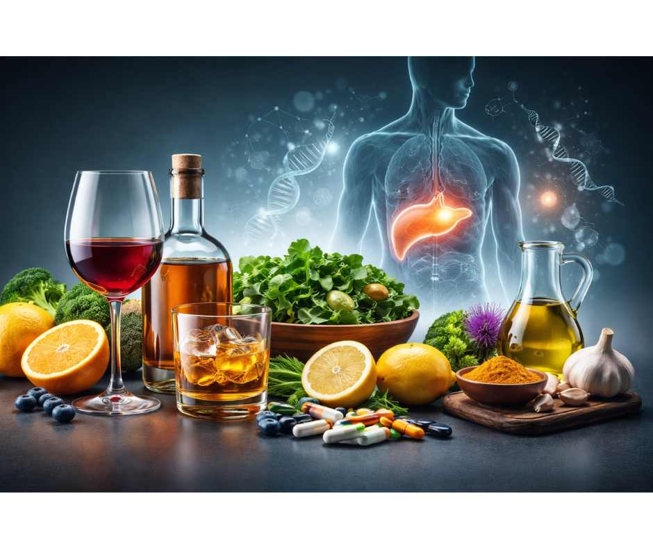 Alcohol exposure affecting the liver, brain, gut, and nervous system, illustrating whole-body health impacts from a functional medicine perspective