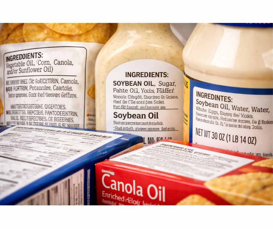 Processed food packaging with ingredient labels listing canola oil and vegetable oils, illustrating hidden seed oils in ultra-processed foods.