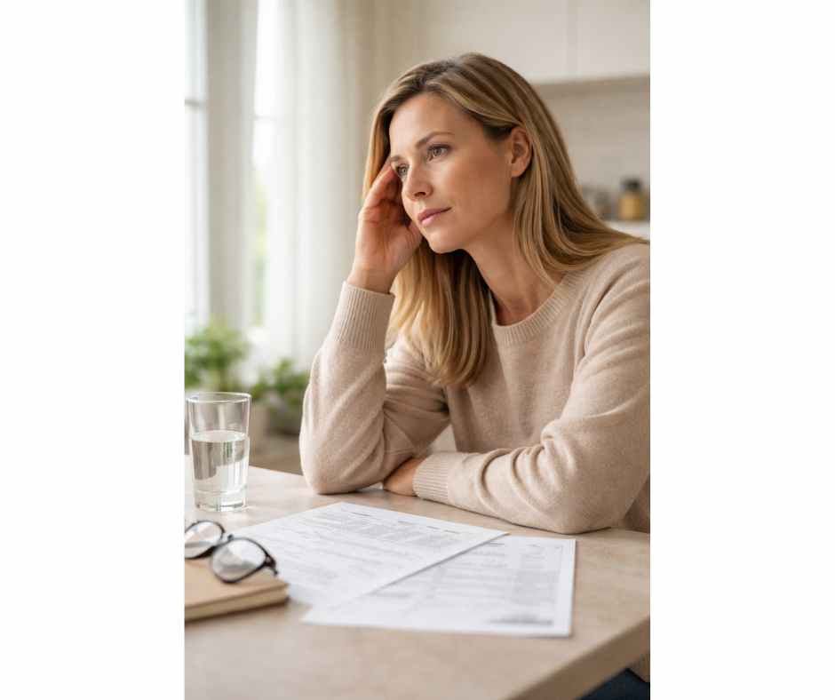 Woman experiencing fatigue and brain fog while reviewing normal lab results, representing unexplained symptoms not detected on standard testing