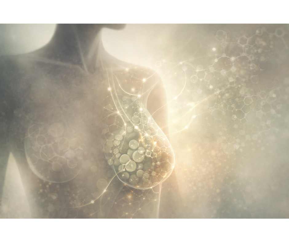 Abstract medical illustration of female breast tissue showing metabolic signaling, inflammation, estrogen activity, and cellular communication associated with breast health and metabolic dysfunction
