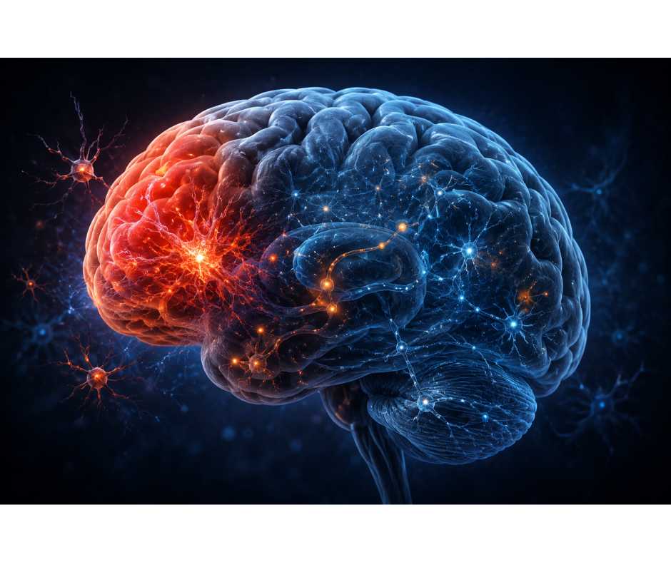 Medical illustration of brain inflammation in ADHD showing neuroinflammation, dopamine signaling disruption, executive dysfunction, and prefrontal cortex involvement.
