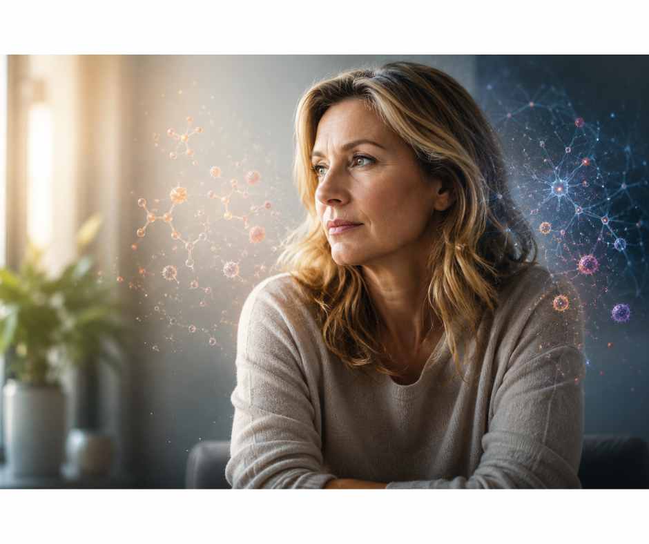 Woman in perimenopause with visual elements representing histamine intolerance, estrogen fluctuations, inflammation, anxiety, insomnia, and hormone-related symptoms.