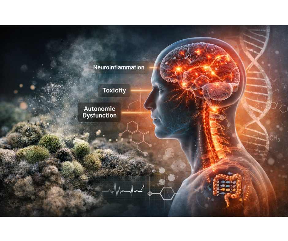 Medical illustration of brain inflammation in ADHD showing neuroinflammation, dopamine signaling disruption, executive dysfunction, and prefrontal cortex involvement.